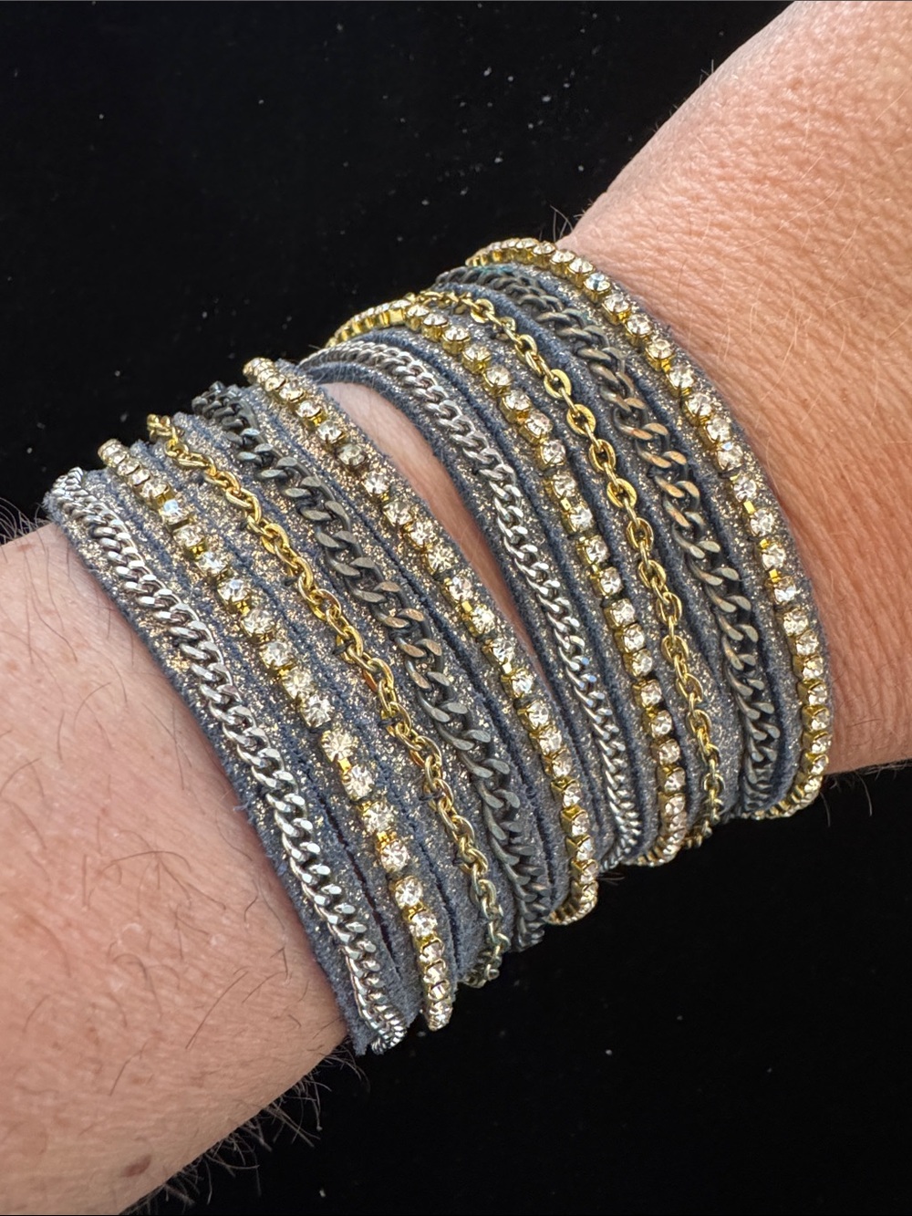 Gray & Gold-Tone Wrap Bracelet with Rhinestones & Chains